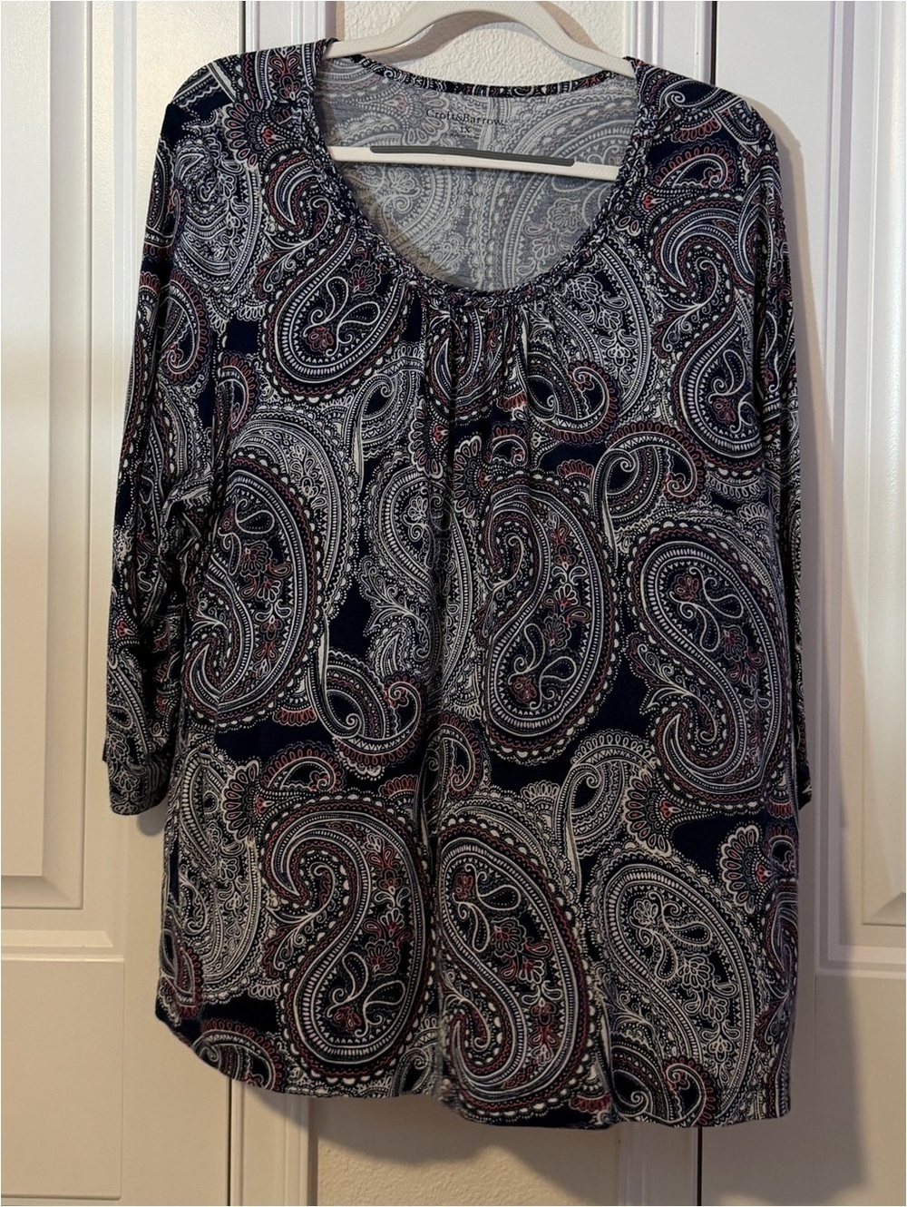 croft & barrow Paisley Scoop-Neck Blouse in Black and White with Red Accents 1 x